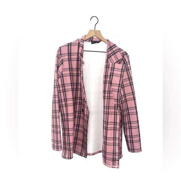 PRETTYLITTLETHING Pink Checkered Boyfriend Blazer Size 12 - Picture 3 of 9